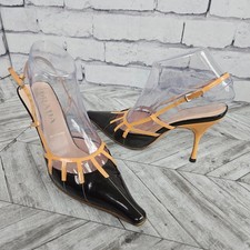 Prada Vintage Two-Tone Pointed Square Toe Slingback Kitten Heels Womens 6.5 Topy