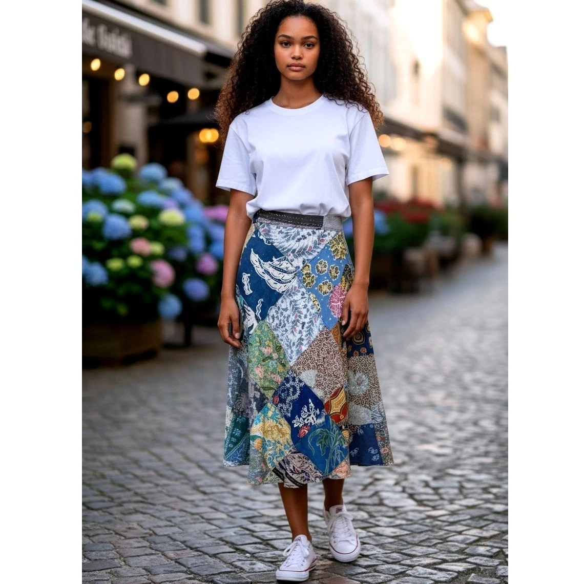 Purple Lotus Imports cotton Patchwork Midi Wrap Skirt OS Blue Batik Floral Boho