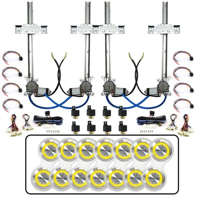 4 Door Flat Glass Power Window Kit Silver Billet Aluminum Switches Yellow Light