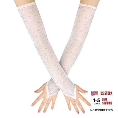 Rhinestone Sheer Fingerless Gloves Long Tulle Sparkly Elbow One Size White