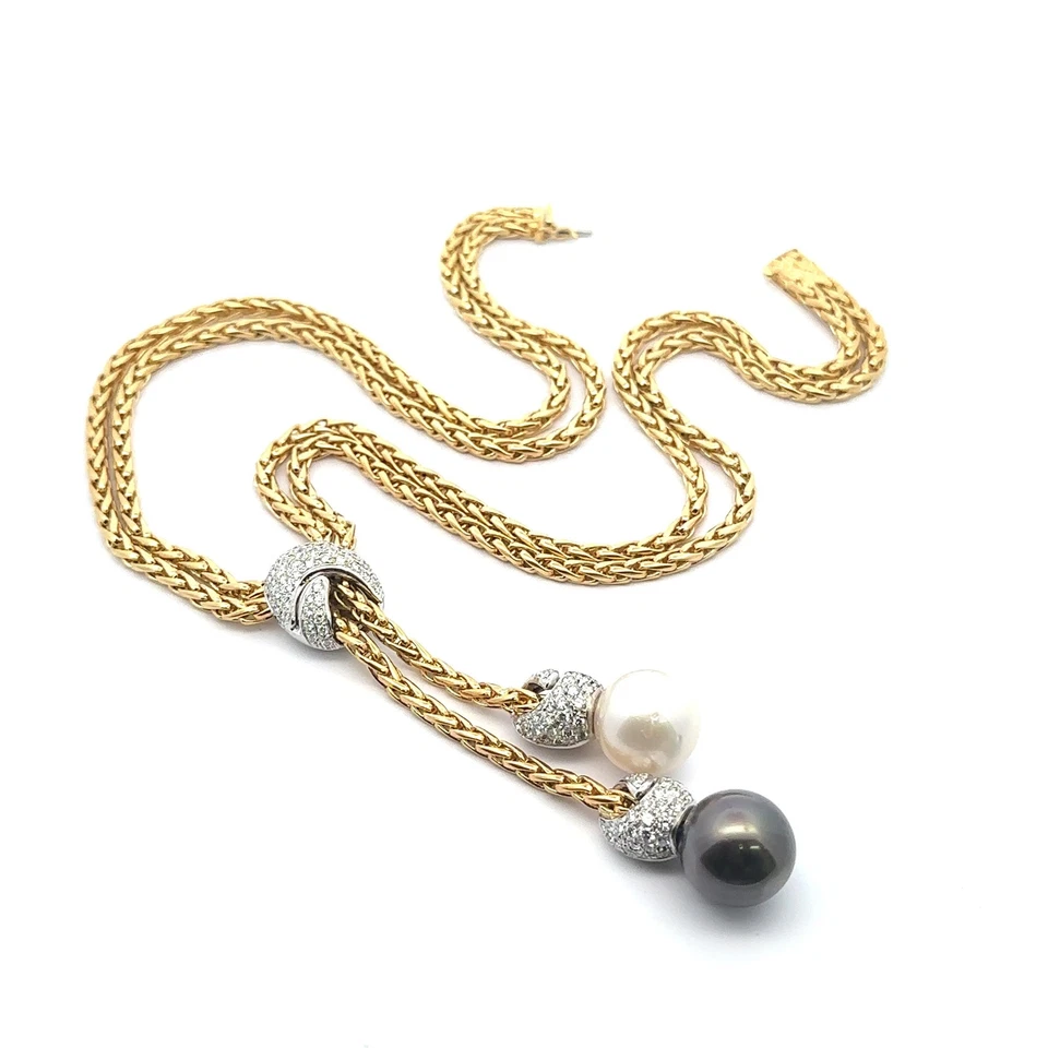 Craig Drake 18k Gold Pearl & Diamond Dual Wheat Link Lariat DropNecklace - Image 2 of 4