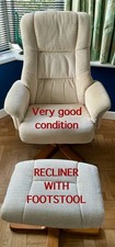 BEIGE UPHOLSTERED SWIVEL RECLINER CHAIR WITH MATCHING FOOT STOOL ~ LIGHT USE