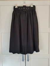 Promod Black Pleated Midi Skirt Button Front Belted High Rise UK 12 Chiffon