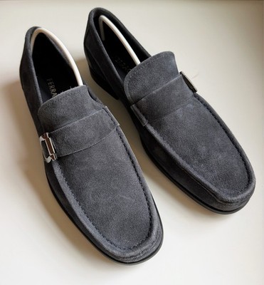 Ferragamo Caspian 2 Gancini Loafer Gray Suede Mens US 9 EE Wide New Box Italy