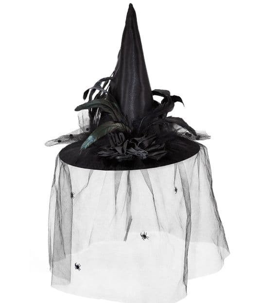 Halloween Witch Hat With Tulle, Flowers And Feathers