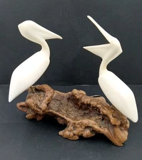 John Perry 2 White Pelicans On Burl Wood Sculpture Beach Decor Ocean Birds 7"× 7