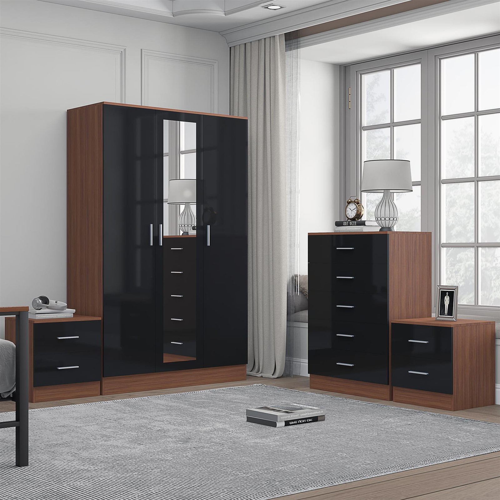 REFLECT 3dr Mirror + Chest of Drawers + 2x Bedsides - Black/Walnut - Image 3