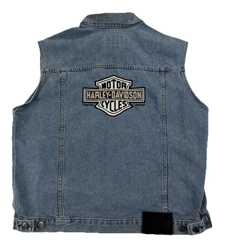 Vintage Harley Davidson Denim Vest Mens L Blue Jean Bar Shield Biker Embroidered