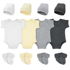 4 Pack Preemie newborn Layette Set Baby Bodysuit Clothes Hat Bodysuit Socks S...