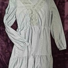 Women's Size Small Seafoam Green Long Sleeve Lace Detailed Modest Dress