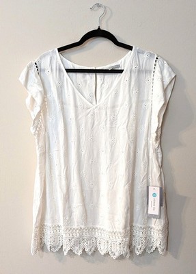 NWT Daniel Rainn Women's White Eyelet Lace Trim Blouse. Size 2X