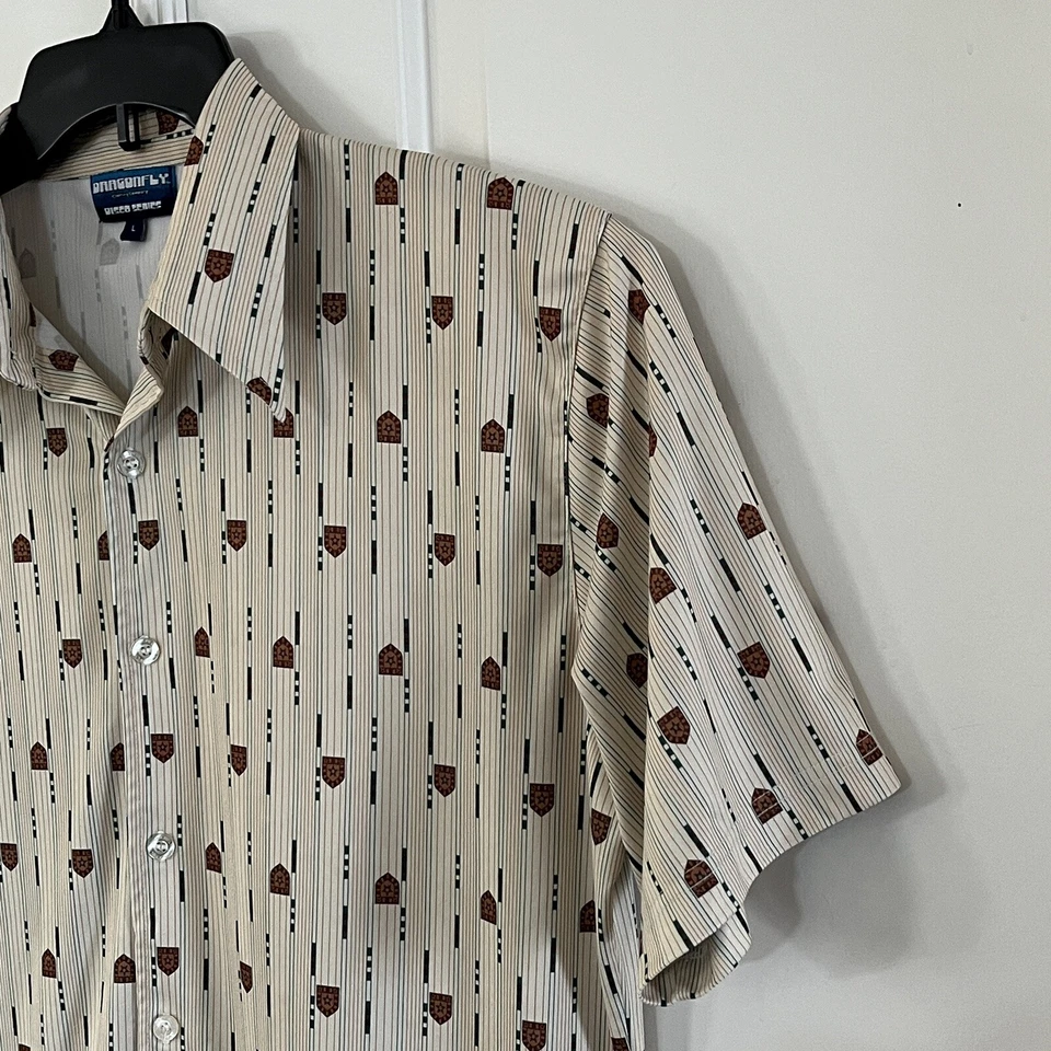 Camisa Dragonfly Disco Series Adulto Grande Beige Geométrica Retro Abotonada Para Hombres Foto 4 de 4