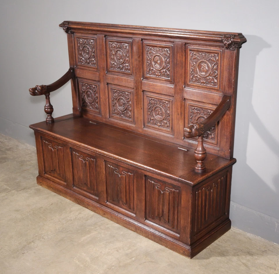 古董法国文艺复兴时期橡木长凳/沙发/储物凳带狮子 — 第 3/4 张图片