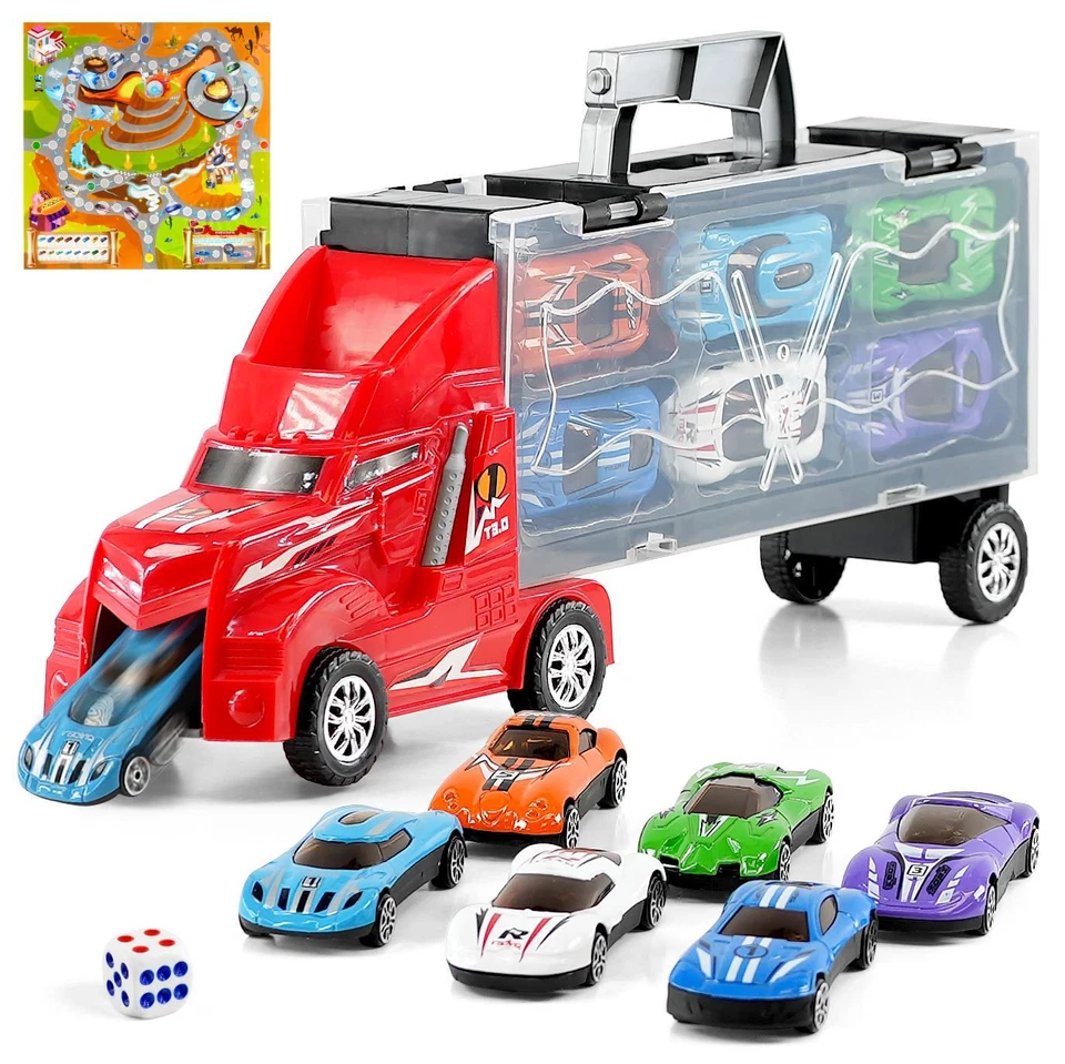 Toy Car Transporter Carrier Truck Car Launcher Board Game Dice 6 Cars Included