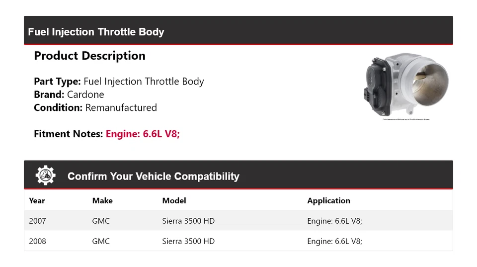 Carrocería de acelerador de inyección de combustible Cardone para GMC Sierra 3500 HD 2007-2008 6,6 L V8 Foto 2 de 4