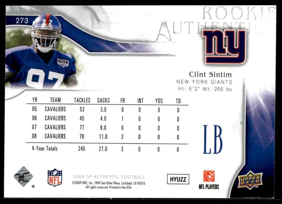 2009 SP Authentic Clint Sintim /999 New York Giants #273 R35 - Image 2 of 2