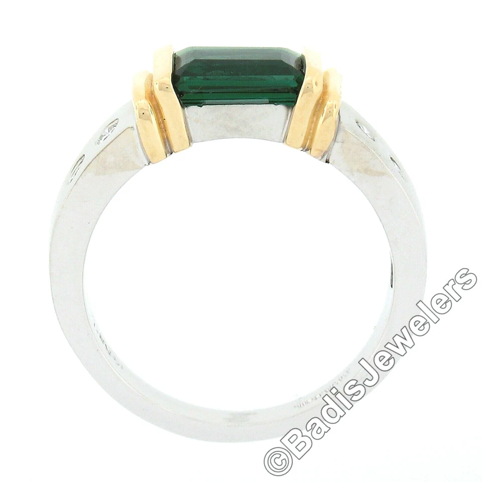 Anillo solitario rectangular de turmalina verde y banda de diamantes de oro 14k TT de 1,72 quilates Foto 2 de 4