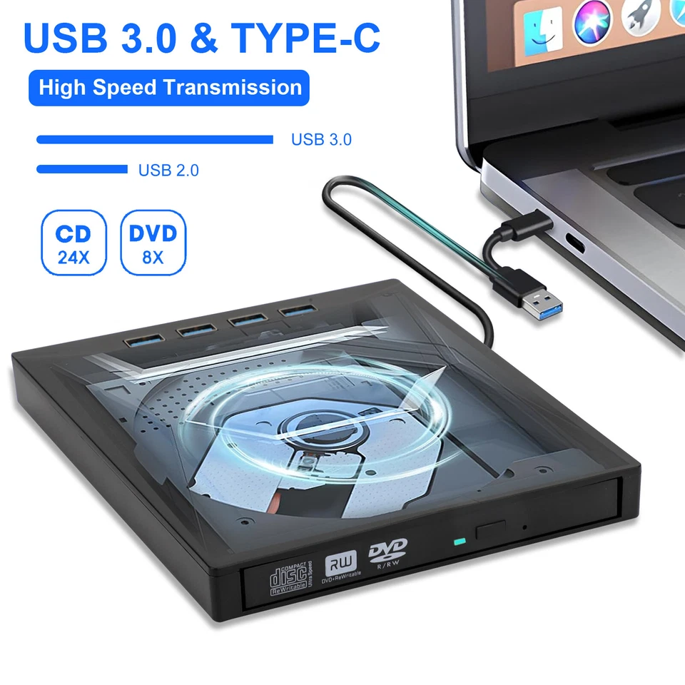 Slim External CD DVD RW Drive USB 3.0 Writer Burner Player Black For Laptop PCs - Image 3 of 4