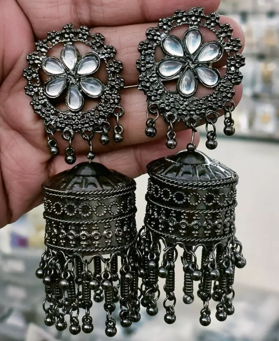 SARANGI - Silver oxidised Jhumka Earrings – Bloom - By Sushmita