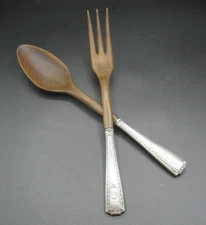 Pr Vintage Sterling hollow handled & Wood  Salad Set Fork and Spoon 10"