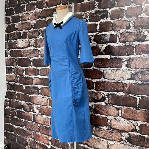 Emmy Sheath Dress Women's 10 Blue White NWT Short Sleeve Collar Bow Ruched Midi - 第 6/16 張圖片