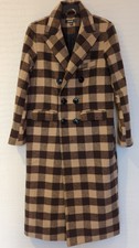 Ladies Cream Brown Check Coat Long Double Breasted Uk 8 Oversized