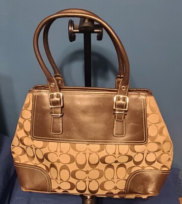 Coach Hampton Brown Khaki Signature Jacquard And Leather Satchel