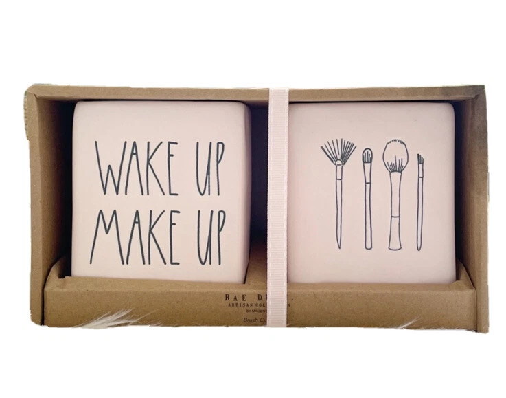 NEW RAE DUNN WAKE UP MAKE UP Ceramic Brush Holders Pink Vanity Set