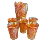 Imperial Glass Crab Claw Marigold Carnival Glass Pitcher 5 Cups Tumblers Set Vtg