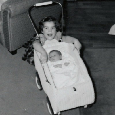 Cute Kid Sister Baby Stroller Estate Found Photo Family Snapshot Happy Child VTG