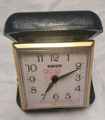 Vintage Equity Folding Travel Alarm Clock Wind Up Black Case 