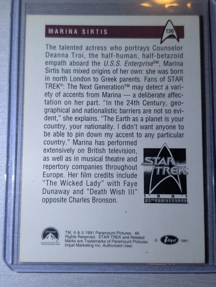 Marina Sirtis 🔥 Counselor Deanna Troi 1991 Impel Star Trek 25th Ann  #136 AUTO  - Image 2 of 4