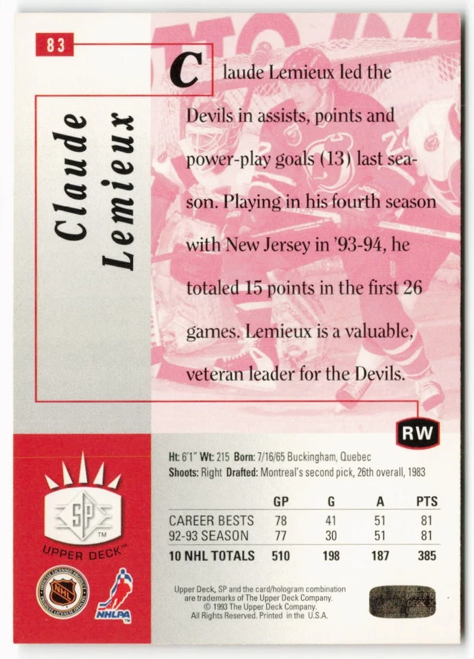 1993-94 Claude Lemieux Upper Deck SP - New Jersey Devils - Image 2 of 2