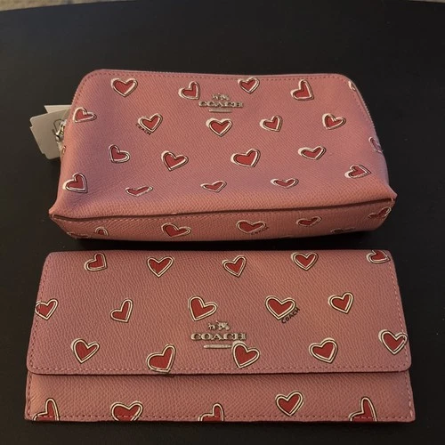 New Pink red hearts COACH New York zipper makeup carry all case bag purse clutch