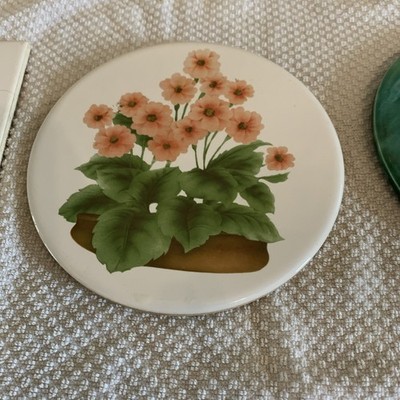 3. Vtg Cute Pottery Trivet 2  Round 1 Square Tile Stove Plate USA Mid State 6 In