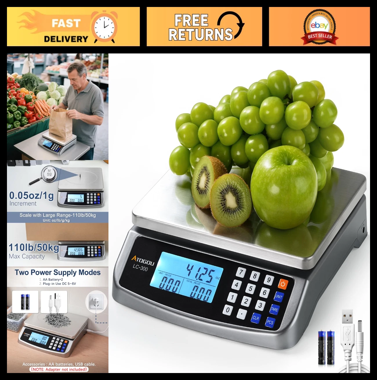 110lb Food Scale - Commercial Kitchen Scale, Price Computing, 304 Stainless Stee