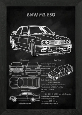 BMW M3 E30 Blueprint Framed Wall Art Poster Canvas Print Picture