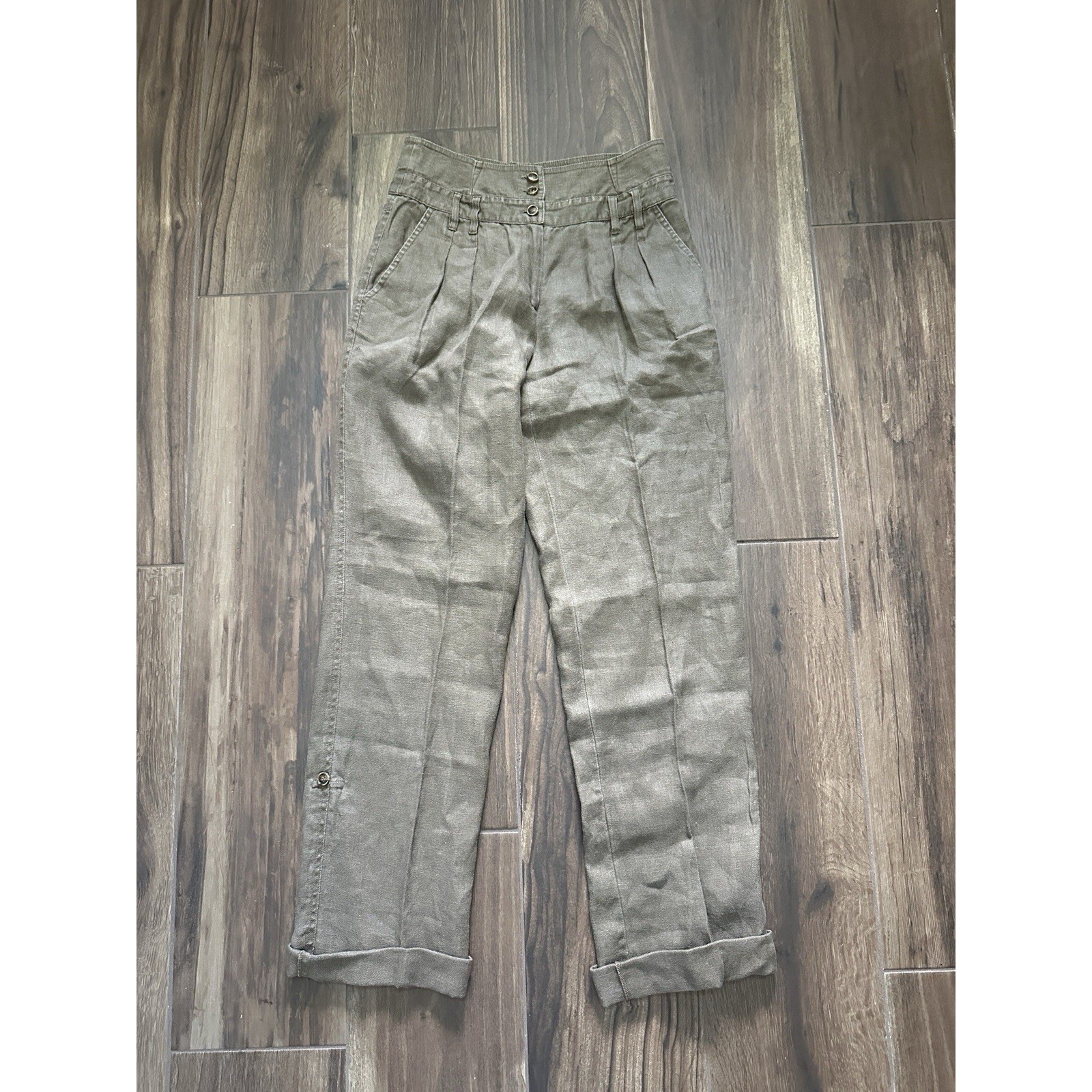Calvin Klein High Waist Brown Linen Pleated Button Detail Cuffed Pants Size 2 thumbnail 2