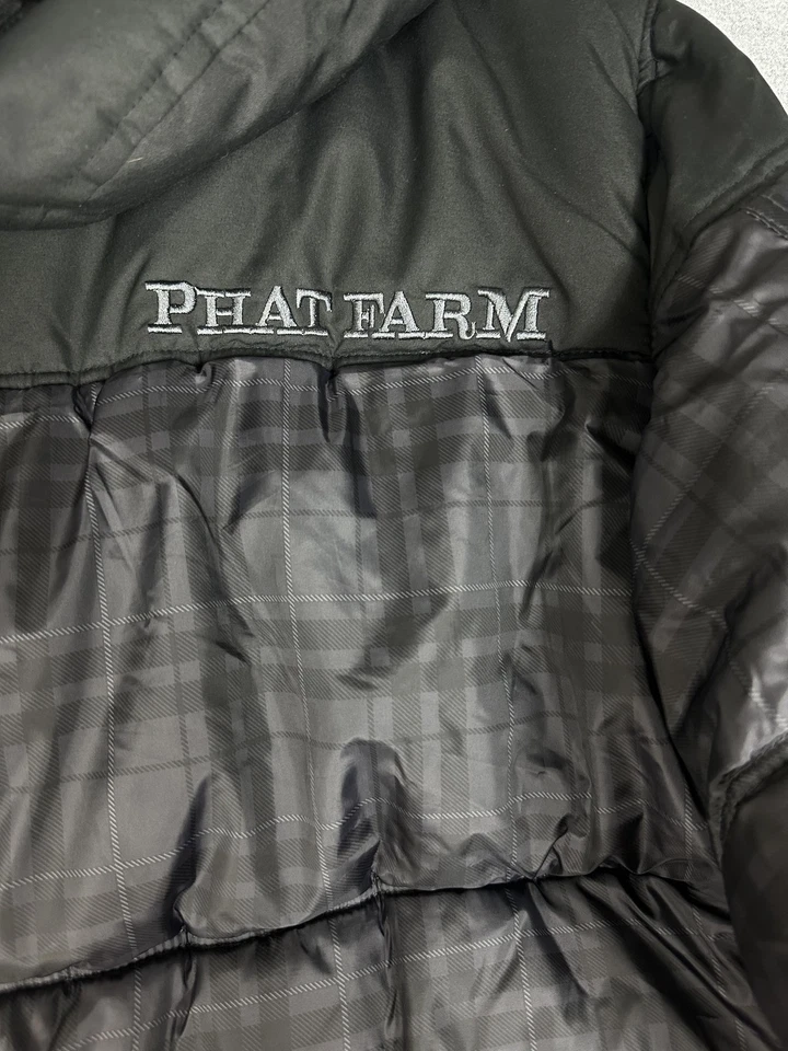 Chaqueta Phat Farm Classics Para Hombre 4XL Negra Gris A Cuadros Con Capucha Puffer Bordada Foto 4 de 4