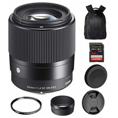 Sigma 30mm f/1.4 DC DN Contemporary Lens for Sony E, 52mm UV,  64GB, Camera Bag