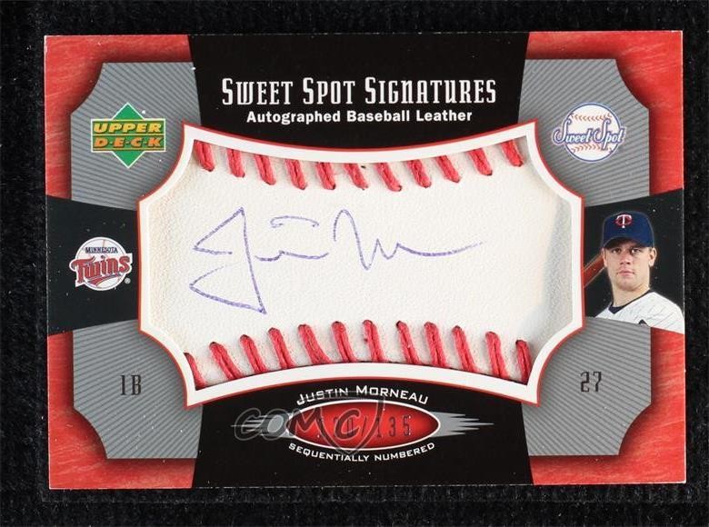 2005 Sweet Spot Signatures Red Stitched Blue Ink 120/135 Justin Morneau Auto ni4