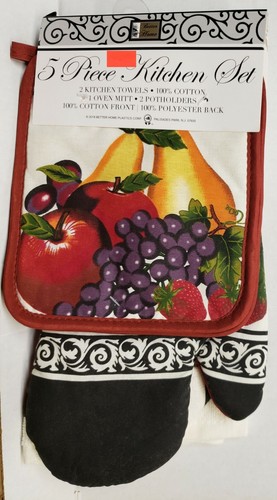5pc KITCHEN SET: 2 POT HOLDERS, 2 TOWELS & 1 OVEN MITT, FRUITS ON WHITE # 2, BH - 第 1/12 張圖片