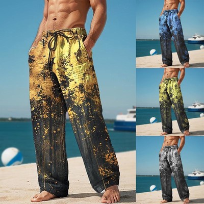 Summer Mens Casual Baggy Beach Pants Soft Cotton Trousers Elastic Waist Holiday