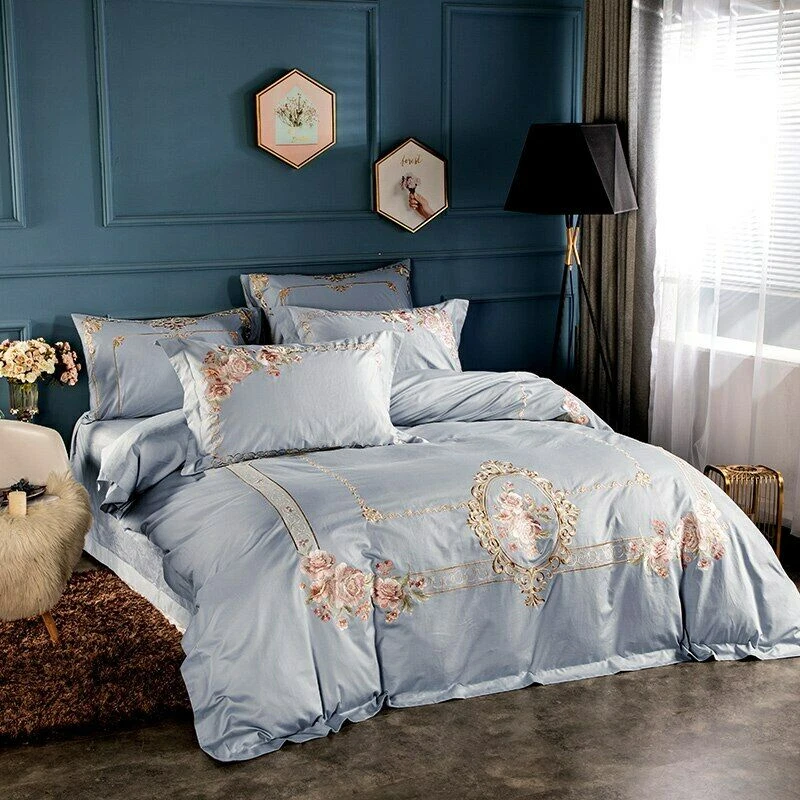 Luxury Bedding Sets Embroidered Egyptian Cotton Soft Blue Bedding Sets  Queen King Size