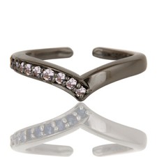 Black wishbone ring / chevron ring with sparking zircons in sterling silver