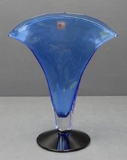 Richard Blenko Signed Handmade Blue 11" Art Glass Fan Vase 1998