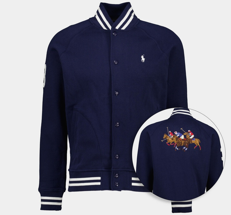 Ralph Lauren Polo Triple Pony Fleece Varsity Bomber Giacca Blu ORIGINALE £249