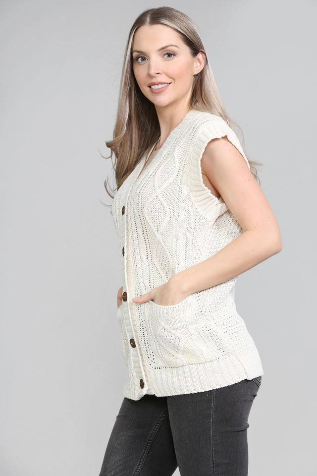 MA ONLINE Ladies Cable Knitted Grandad Cardigan – Sleeveless Waistcoat With Pockets, Navy, US 12-14