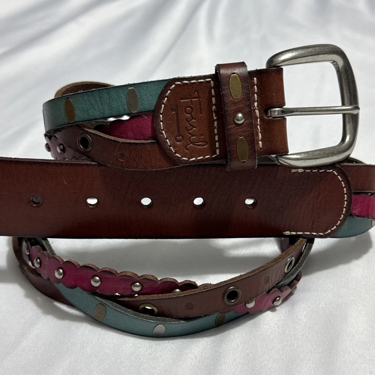 Fossil Multicolor Woven Belt with Wooden Buckle FOSSIL Woven Fabric and Leather Belt Roller Buckle Pink  main image 4
