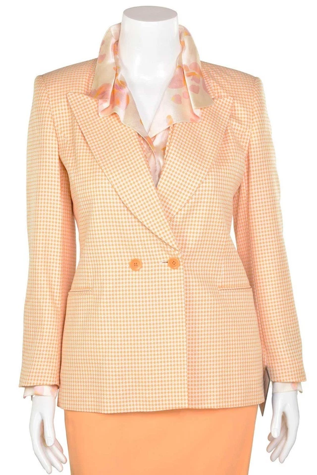 Chaqueta, falda y pantalón traje Escada 3 piezas melón naranja/blanco mini cuadros talla 8/10 38/40 Foto 4 de 4